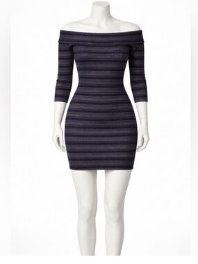 Trina Turk Off the Shoulder Conch Dress Bodycon Metallic Stripe Large NWT